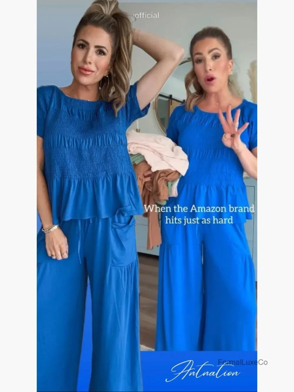 2 Piece Smocked Top Wide-Leg Pants Set Lounge Outfit with Pockets Matching Set